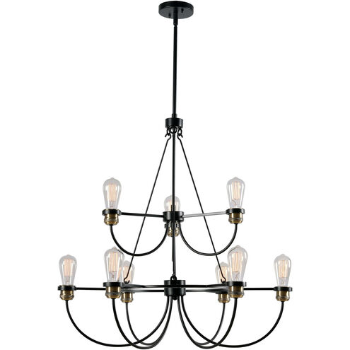 Damien 9 Light 28 inch Black With Plated Antique Brass Chandelier Ceiling Light, 2 Tier
